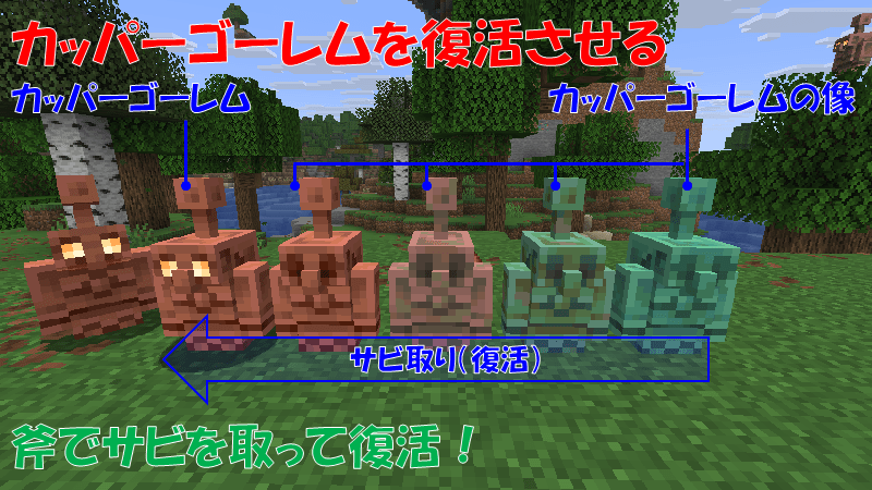斧を使ってカッパーゴーレムのサビを取る