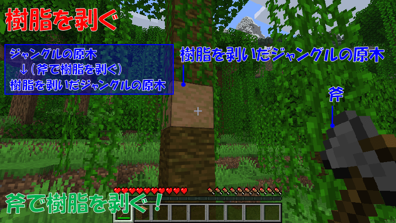 斧で樹脂を剥ぐ